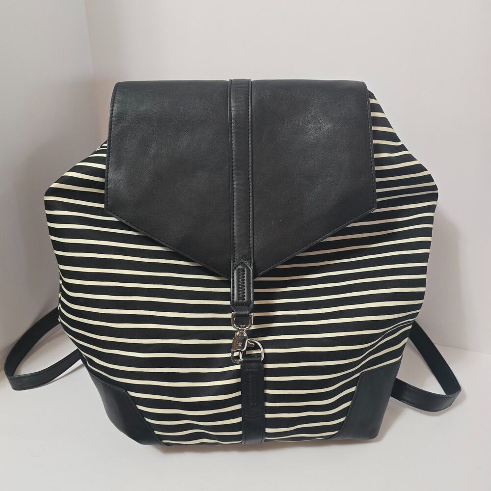 Stella & Dot Ava Backpack Black White Stripe Canvas & Faux Leather